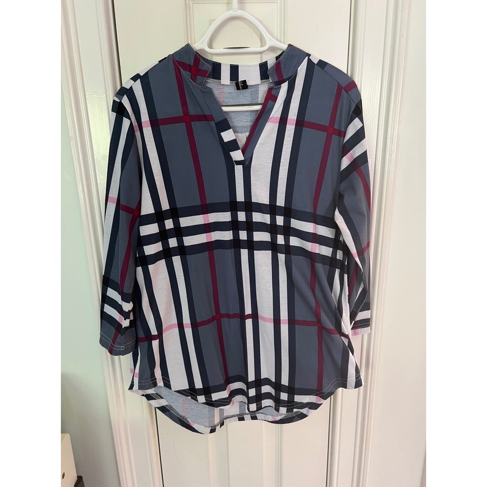 St. John Plaid V-Neck Tunic Blouse Blue Pink White 3/4 Sleeve M